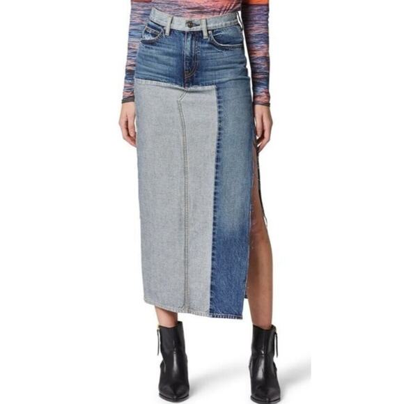 Hudson jean skirt Paneled Patchwork midi pencil
